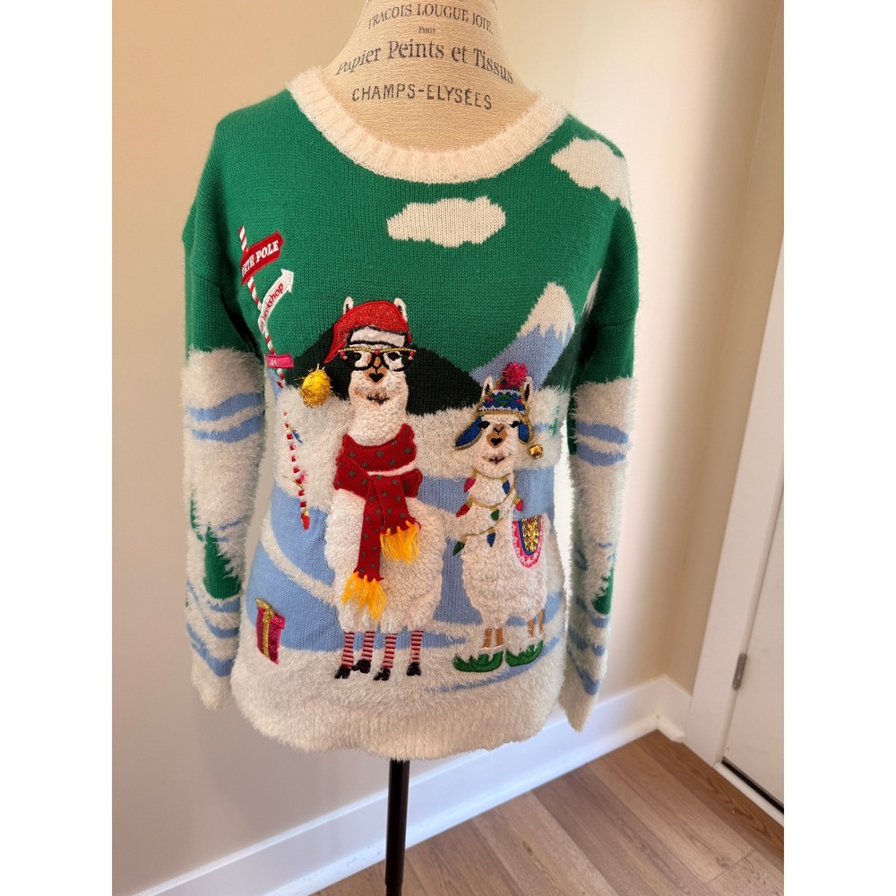 Jollidays Women's‎ Green/White Lllama Ugly Christmas Sweater Size S